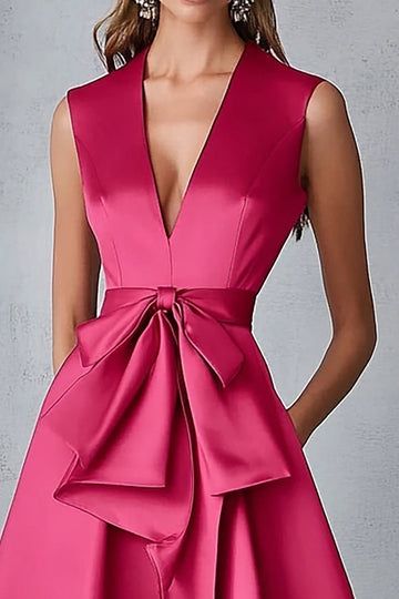 Fuchsia Satin V-Neck A Line Wedding Guest Dress